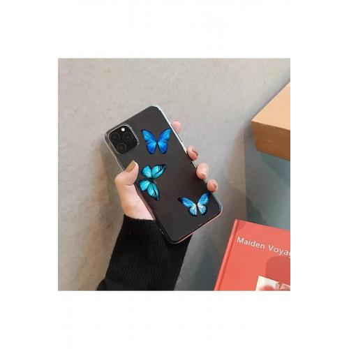 Galaxy Note 5 Mavi Kelebek Desenli Şeffaf Kılıf