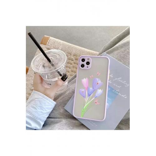 Iphone Xs Uyumlu Lila Kenarlıklı Çiçek Desenli Kılıf