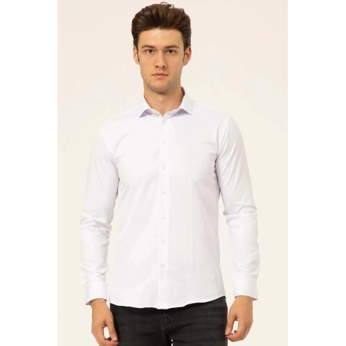 Slim Fit Armür Desenli Beyaz Erkek Gömlek