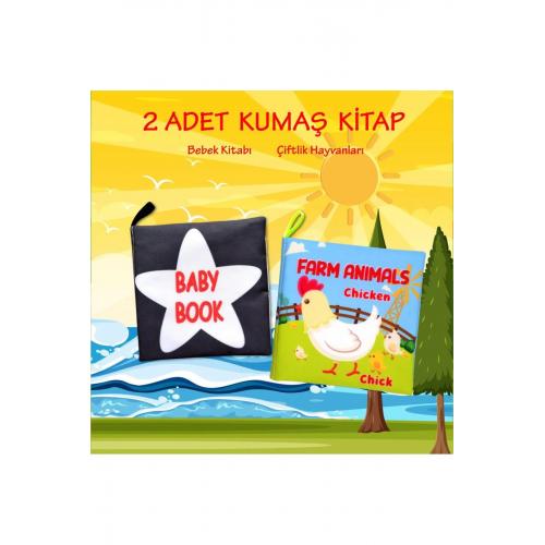 CLZ247 2 Kitap  İngilizce Siyah-Beyaz Bebek ve Çiftlik Hayvanları Kumaş Sessiz Kitap