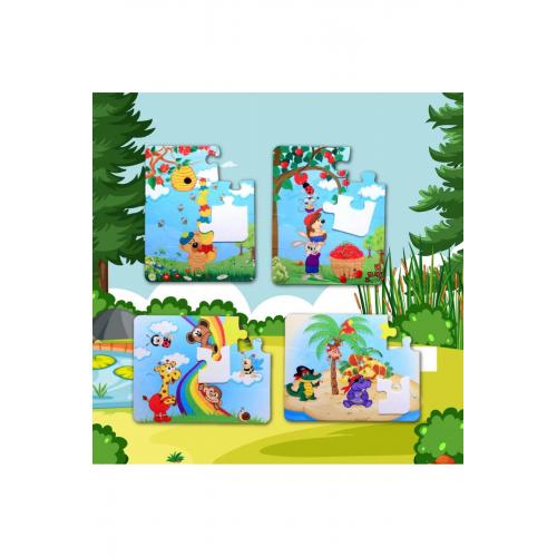 CLZ247 4 Set - 48 Parça Gökkuşağı ve Elmacı Ayı 3+ Keçe Yapboz - 3 Yaş Puzzle