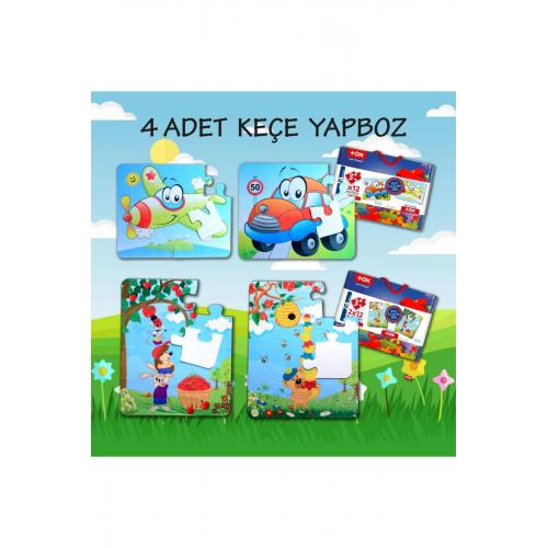 CLZ247 4 Set - 48 Parça Uçak, Araba ve Elmacı Ayı 3+ Keçe Yapboz - 3 Yaş Puzzle