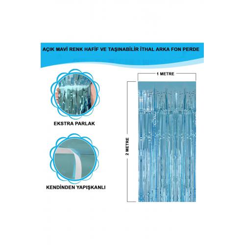 Açık Mavi Renk Ekstra Metalize Parlak Saçaklı Arka Fon Perde İthal A Kalite 1x2 Metre (CLZ)