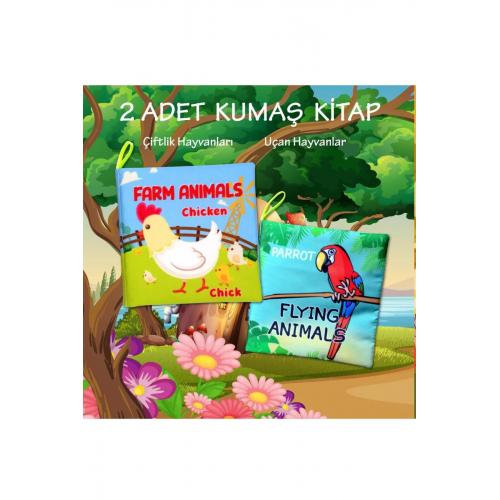 2 Kitap  İngilizce Çiftlik Hayvanları ve Uçan Hayvanlar Kumaş Sessiz Kitap