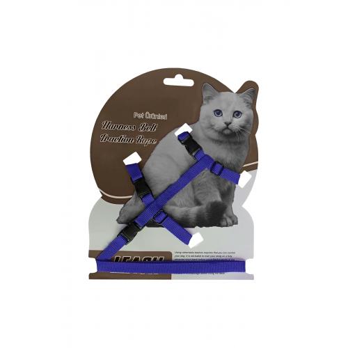 Gezdirme Kayışlı Dokuma Kedi Göğüs Tasma Seti 20*32-120 cm Mavi