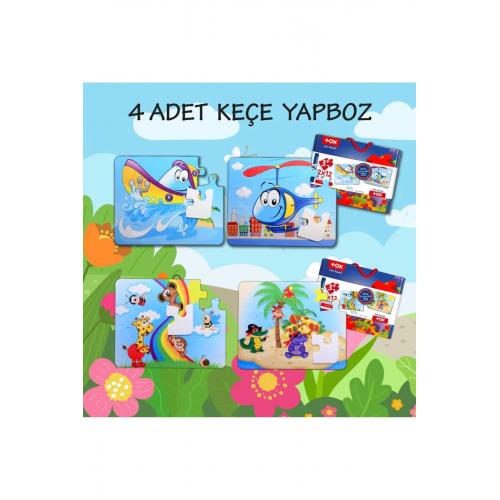 4 Set - 48 Parça Tekne , Helikopter Ve Gökkuşağı 3 Keçe Yapboz - 3 Yaş Puzzle