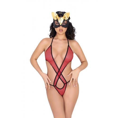 CLZ946 Kırmızı Lcralı Tül Bodysuit