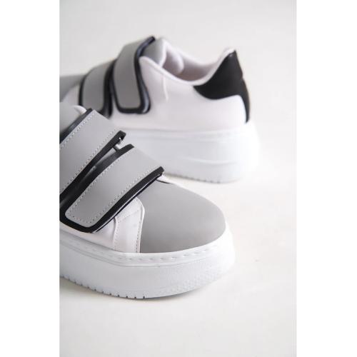 CLZ948  Bağcıksız Cırt Cırtlı Ortopedik Taban Kadın Sneaker Ayakkabı BT Beyaz/Gri