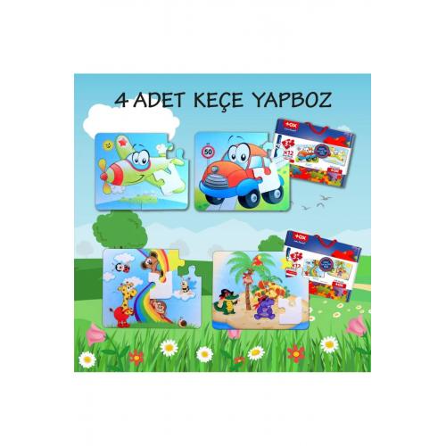 4 Set - 48 Parça Uçak, Araba Ve Gökkuşağı 3 Keçe Yapboz - 3 Yaş Puzzle