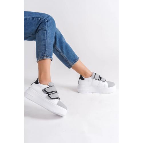 CLZ948  Bağcıksız Cırt Cırtlı Ortopedik Taban Kadın Sneaker Ayakkabı BT Beyaz/Gri