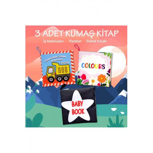 3 Kitap  İngilizce Renkler , İş Makinaları ve Siyah Beyaz Bebek Kumaş Sessiz Kitap