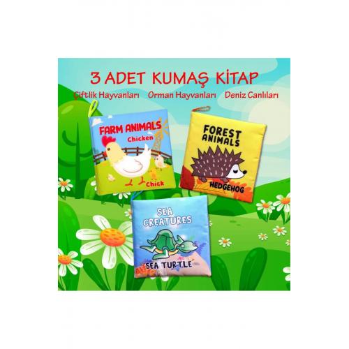 3 Kitap  İngilizce Deniz Canlıları , Çiftlik ve Orman Hayvanları Kumaş Sessiz Kitap