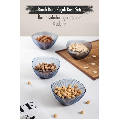 Akrilik Barok Lacivert Kare 4'lü Küçük Kase Seti & Çerezlik & Sunumluk & İkramlık (Cam Değildir)