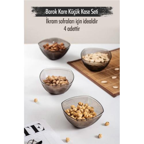 Akrilik Barok Füme Kare 4'lü Küçük Kase Seti & Çerezlik & Sunumluk & İkramlık (Cam Değildir)