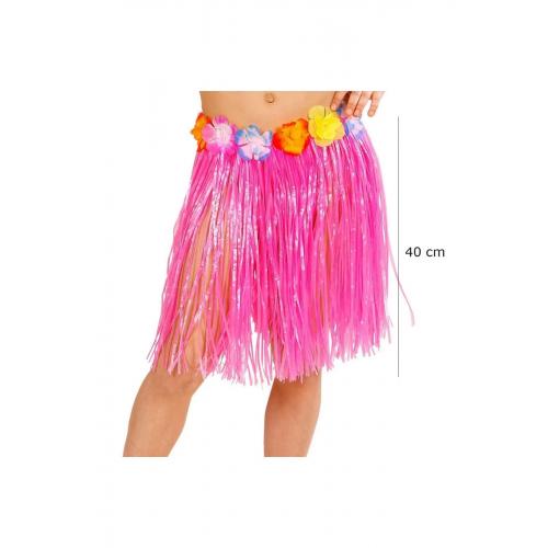 Yetişkin Ve Çocuk Uyumlu Pembe Renk Püsküllü Hawaii Luau Hula Etek 40 Cm