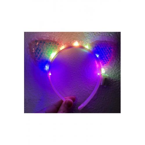 Kenarları Dantelli Pembe Pullu Payetli Led Işıklı Kedi Kulak Taç 17x19 Cm