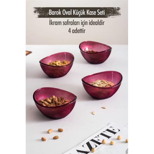 Akrilik Barok Mürdüm Oval 4'lü Küçük Kase Seti & Çerezlik & Sunumluk & İkramlık(Cam Değildir)