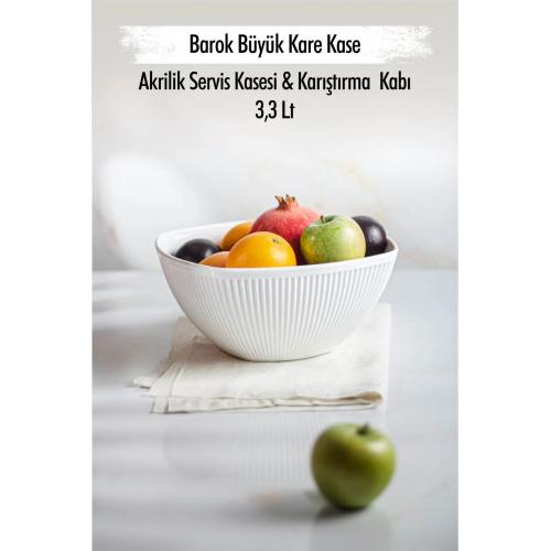 Akrilik Barok Beyaz Büyük Kare Meyve & Salata Kasesi & Karıştırma Kabı / 3,3 Lt  (CAM DEĞİLDİR)