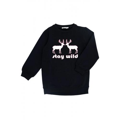 Ren Geyiği Baskılı Şardonlu Siyah Sweatshirt