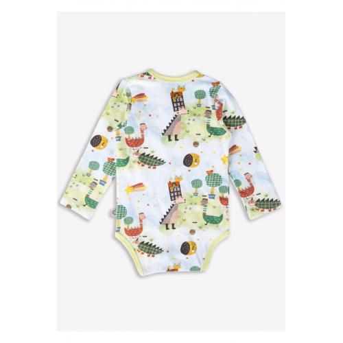 Organik Kruvaze Uzun Kollu Dino Baskılı Unisex Bebek Body