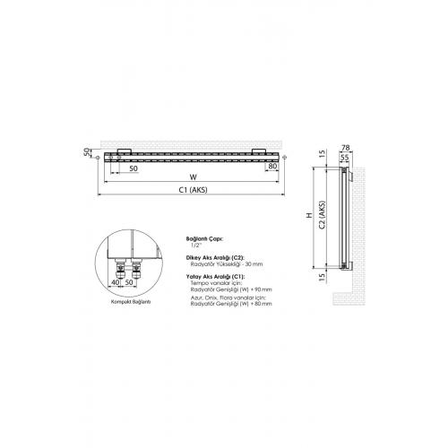 600x635mm Amber Yatay Antrasit Alüminyum Radyatör Standart Bağlantı