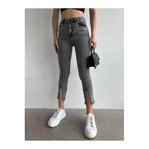 Paça Yırtmaç Likralı Yıkama Skinny Jean Füme Yıkama