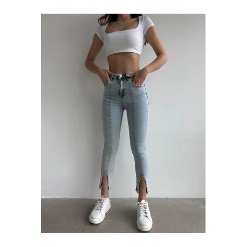 Paça Yırtmaç Likralı Yıkama Skinny Jean Buz Mavi