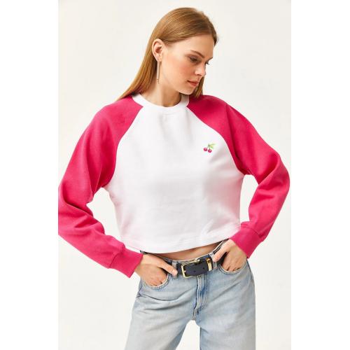 Kadın Oversize Pembe-beyaz Içi Polarlı Şardonlu Nakışlı Pamuklu Kışlık Crop Sıcak Tutan Sweatshirt