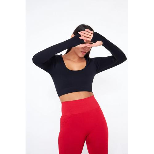 Uzun Kollu Parmak Geçirme Detaylı Spor Crop Top