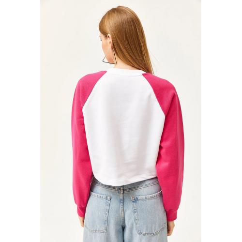 Kadın Oversize Pembe-beyaz Içi Polarlı Şardonlu Nakışlı Pamuklu Kışlık Crop Sıcak Tutan Sweatshirt