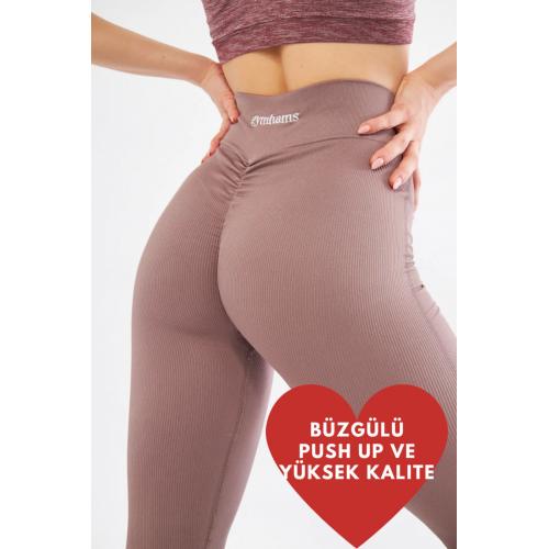 Kalçası Büzgülü Premium Fitilli  Ekstra Push Up Yüksek Bel Esnek ve Toparlayıcı Spor Tayt