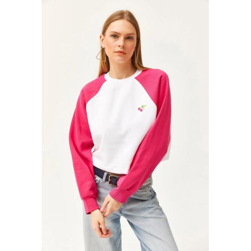 Kadın Oversize Pembe-beyaz Içi Polarlı Şardonlu Nakışlı Pamuklu Kışlık Crop Sıcak Tutan Sweatshirt