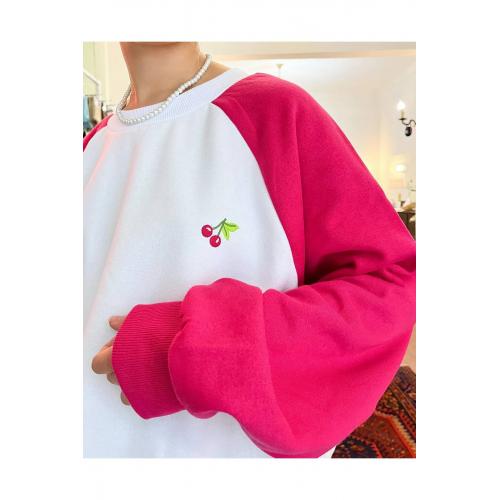 Kadın Oversize Pembe-beyaz Içi Polarlı Şardonlu Nakışlı Pamuklu Kışlık Crop Sıcak Tutan Sweatshirt