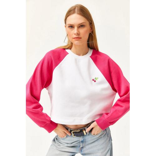 Kadın Oversize Pembe-beyaz Içi Polarlı Şardonlu Nakışlı Pamuklu Kışlık Crop Sıcak Tutan Sweatshirt