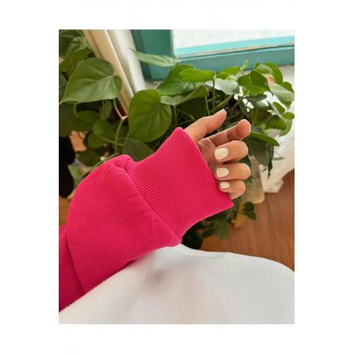 Kadın Oversize Pembe-beyaz Içi Polarlı Şardonlu Nakışlı Pamuklu Kışlık Crop Sıcak Tutan Sweatshirt