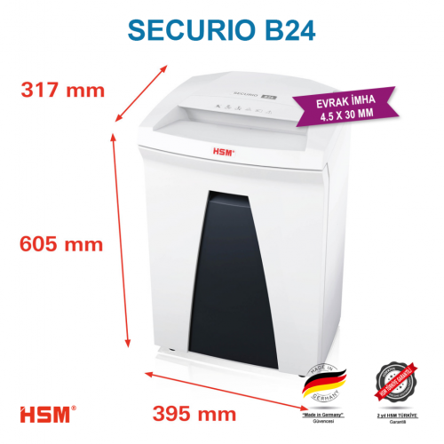 HSM SECURIO B24 - Çapraz/konfeti kesim 4,5x30mm Evrak İmha Makinesi / Kağıt Kırpma Makinesi - CD İmha Makinesi - 35lt