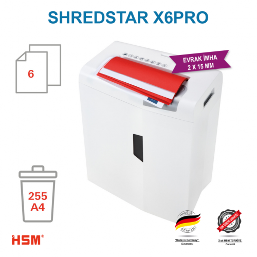 HSM SHREDSTAR X6 PRO Evrak İmha Makinesi / Kağıt Kırpma Makinesi - CD İmha Makinesi - Çapraz Konfeti kesim 2x15 mm - 20lt