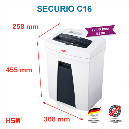 HSM SECURIO C16 Evrak İmha Makinesi / Kağıt Kırpma Makinesi - Düz/şerit kesim 5,8mm- 25lt