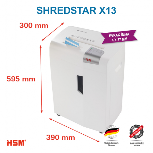 HSM SHREDSTAR X13 Evrak İmha Makinesi / Kağıt Kırpma Makinesi - CD İmha Makinesi - Çapraz/konfeti kesim 4x37 mm - 23lt