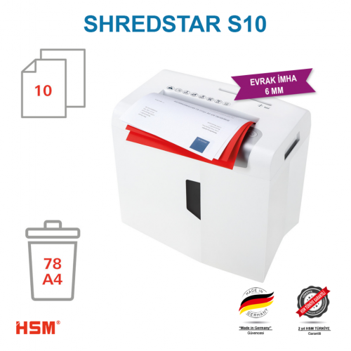 HSM SHREDSTAR S10 Evrak İmha Makinesi / Kağıt Kırpma Makinesi - CD İmha Makinesi - Düz/şerit kesim 6 mm - 18lt