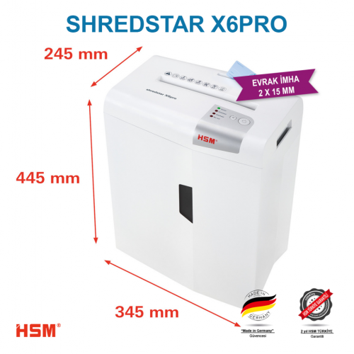 HSM SHREDSTAR X6 PRO Evrak İmha Makinesi / Kağıt Kırpma Makinesi - CD İmha Makinesi - Çapraz Konfeti kesim 2x15 mm - 20lt