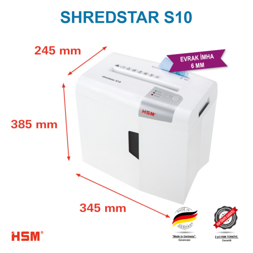 HSM SHREDSTAR S10 Evrak İmha Makinesi / Kağıt Kırpma Makinesi - CD İmha Makinesi - Düz/şerit kesim 6 mm - 18lt