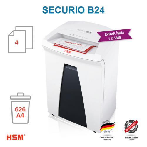 HSM SECURIO B24 - Mikro kesim 1x5mm- Evrak İmha Makinesi / Kağıt Kırpma Makinesi - 34lt