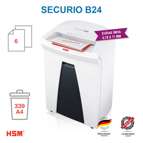 HSM SECURIO B24 - Parçacık kesim 0.78X11mm- Evrak İmha Makinesi / Kağıt Kırpma Makinesi - 35lt