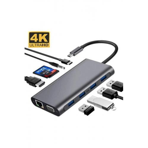 Fc-09 Type-c To Hdmı Rj45 Sd Kart Usb 3.0 X 2 Vga Macbook Uyumlu 11ın1 Çevirici Adaptör