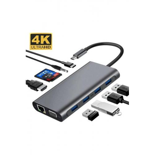 Fc31 Gigabit Type-cto 3*usb 3.0 4k1080p Hd Hdmı Vga Rj45 Pd Aux Sd Tf 11ın1 Çevirici Uyumlu