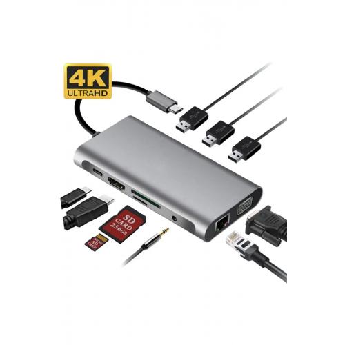 Fc32 Type-c™ Usb-c To 3*usb 3.0 4k Hdmı Vga Rj45 Pd Aux Sd Tf 10ın1 Çevirici