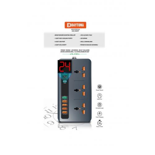 Rl-316d Akıllı Priz Termal Akım Ve Isınma Korumalı 5 Usb 5v-3.4a Qc3.0 Girişli Led Ekran