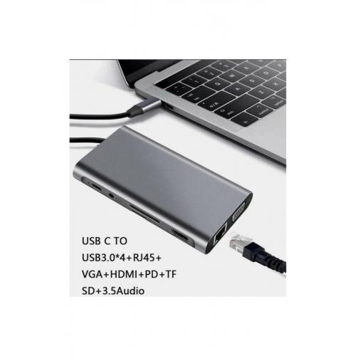 Fc31 Gigabit Type-cto 3*usb 3.0 4k1080p Hd Hdmı Vga Rj45 Pd Aux Sd Tf 11ın1 Çevirici Uyumlu