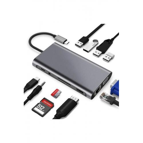 Fc-09 Type-c To Hdmı Rj45 Sd Kart Usb 3.0 X 2 Vga Macbook Uyumlu 11ın1 Çevirici Adaptör